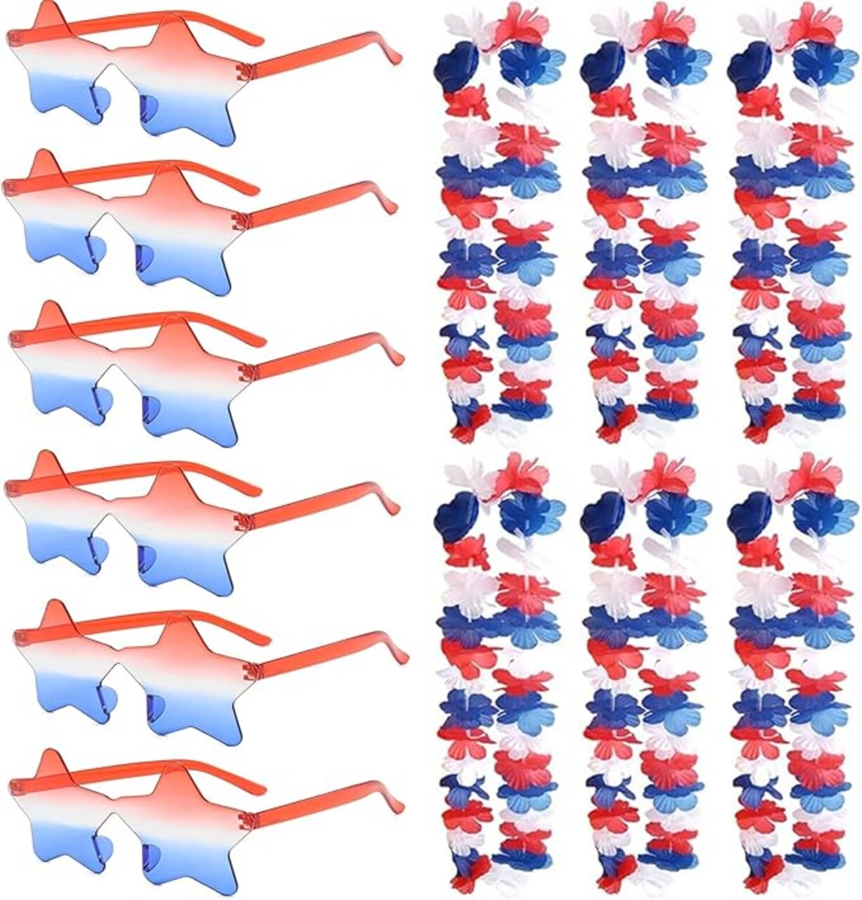 Patriotic Red White and Blue Flower Leis and Star Sunglasses for 4th of July,Flower Necklace Party Decorations 12PCS
